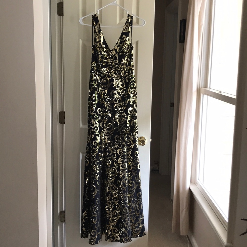 Long black sequin gold dress